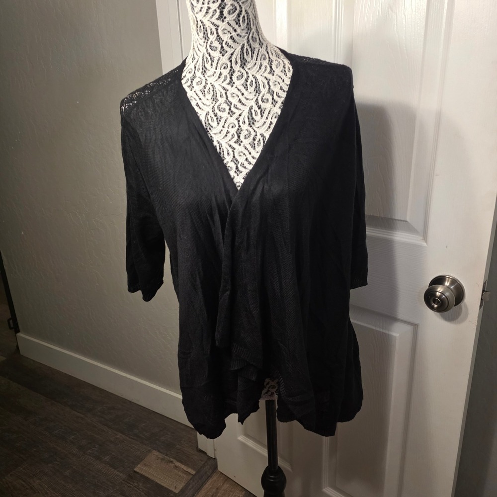 ELLE Draped Open Front Cardigan Womens L Black Lace Back Short Sleeve Layer Top